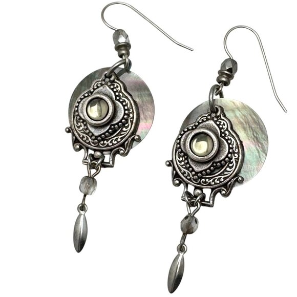 Bohemian Dangle Earrings Mother-Of-Pearl Silver-Tone Unique 2" - Picture 2 of 9